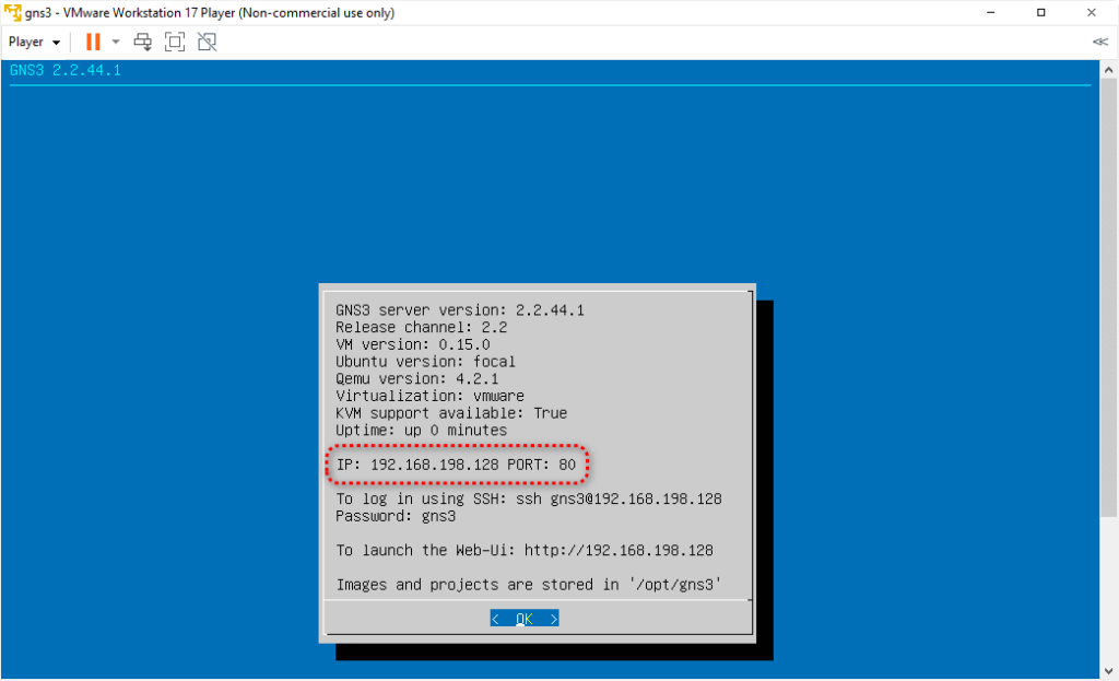 Step-by-step GNS3 installation window - shows you its IP address